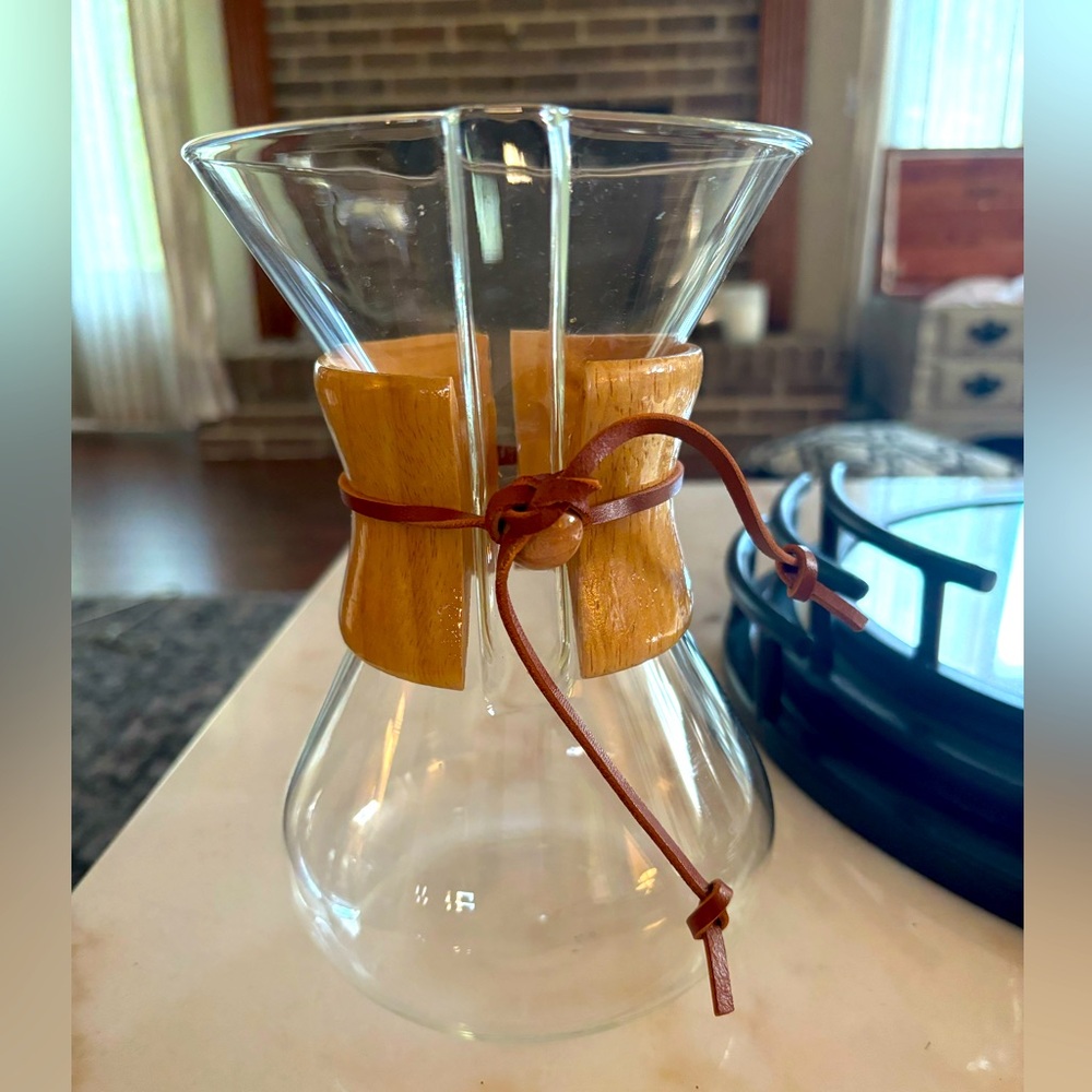 Pour Over Coffee Pitcher Carafe 8” Wood Collar Leather Tie
